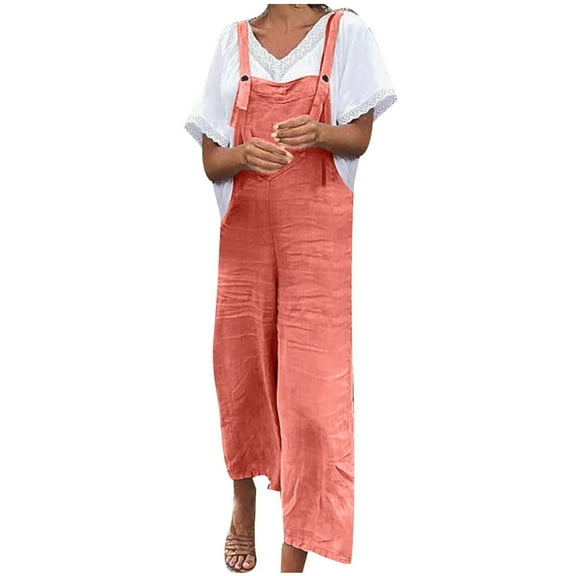 aidice Summer Overalls for Women Cotton Linen Casual Lightweight Loose Cropped Pants Jumpsuits Pockets