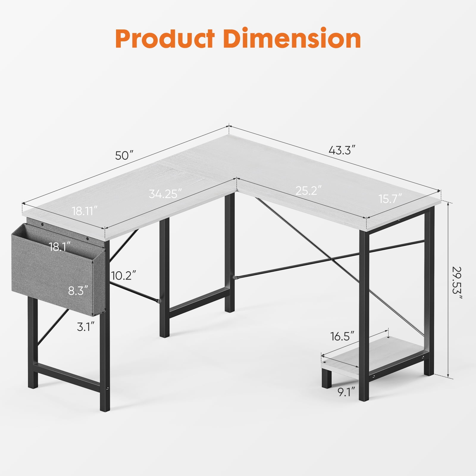 MCQ 49 inch L-Shaped Computer Desk Corner Table with One Storage Bag for Home Office, White