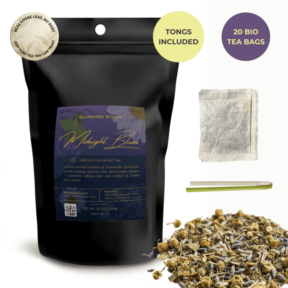 Raspberry Roots Naturally Caffeine Free Herbal Tea - Chamomile Spearmint Lemon Verbena Valerian Root Lavender, 20 Tea Bags