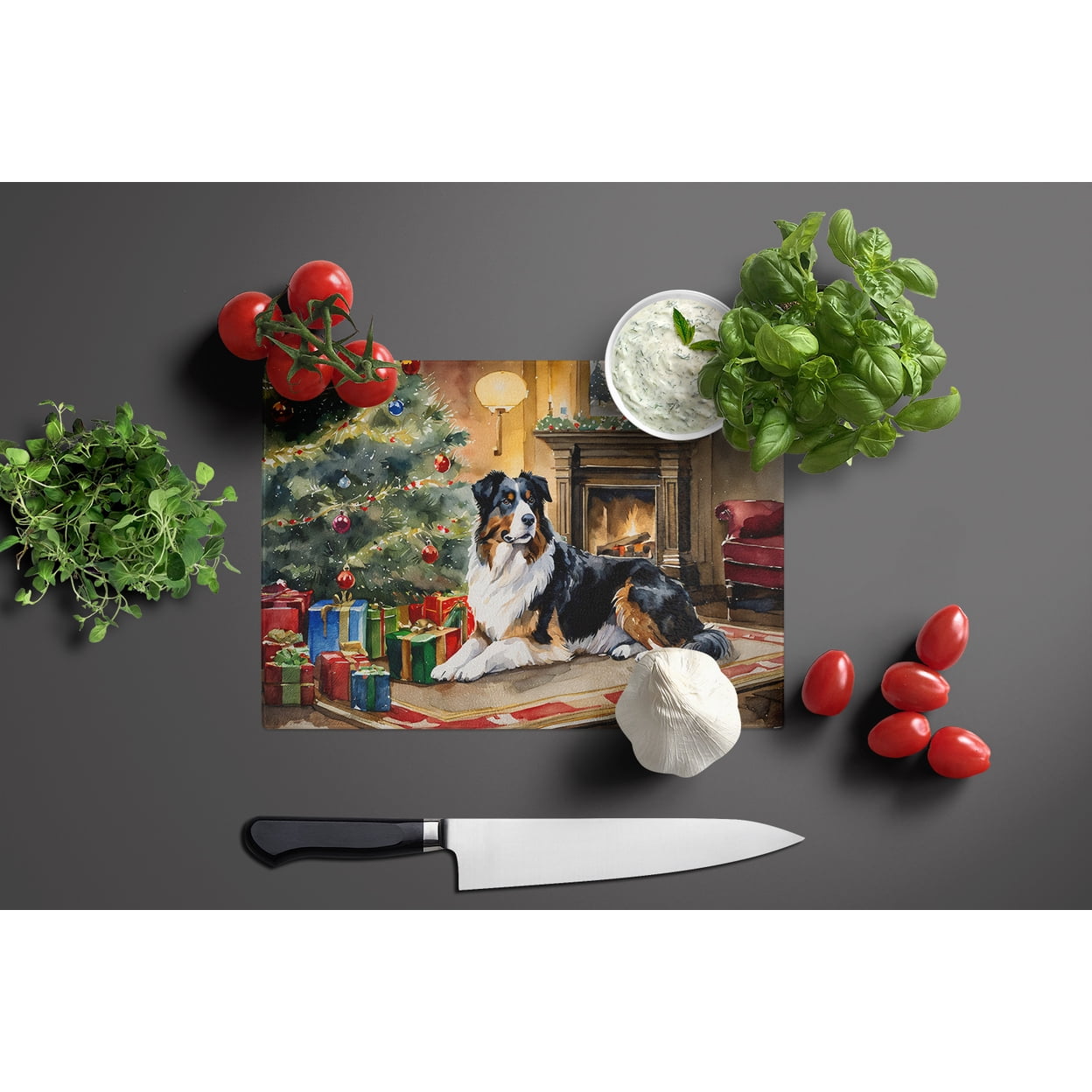 Australian Shepherd Cozy Christmas Glass Cutting Board Large 12 in x 15 in