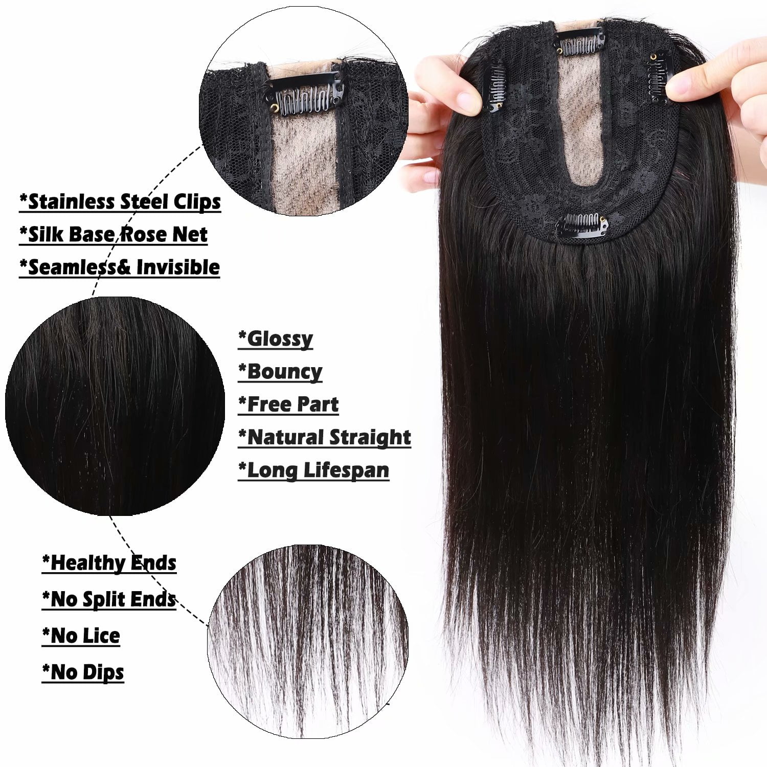 Benehair 100% Real Remy Human Hair Extensions Clip In Topper Toupee Hairpiece Silk Base for Women Hair Loss 12cm*10cm US