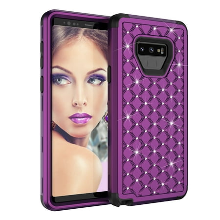 Galaxy Note 9 Case, Galaxy Note 9 Cover, Allytech 3 in 1 [Studded Rhinestone][Full-Body Protective] [Shockproof] Hard PC+ Soft Silicon Rubber Armor Defender Protective Case Cover, Purple/
