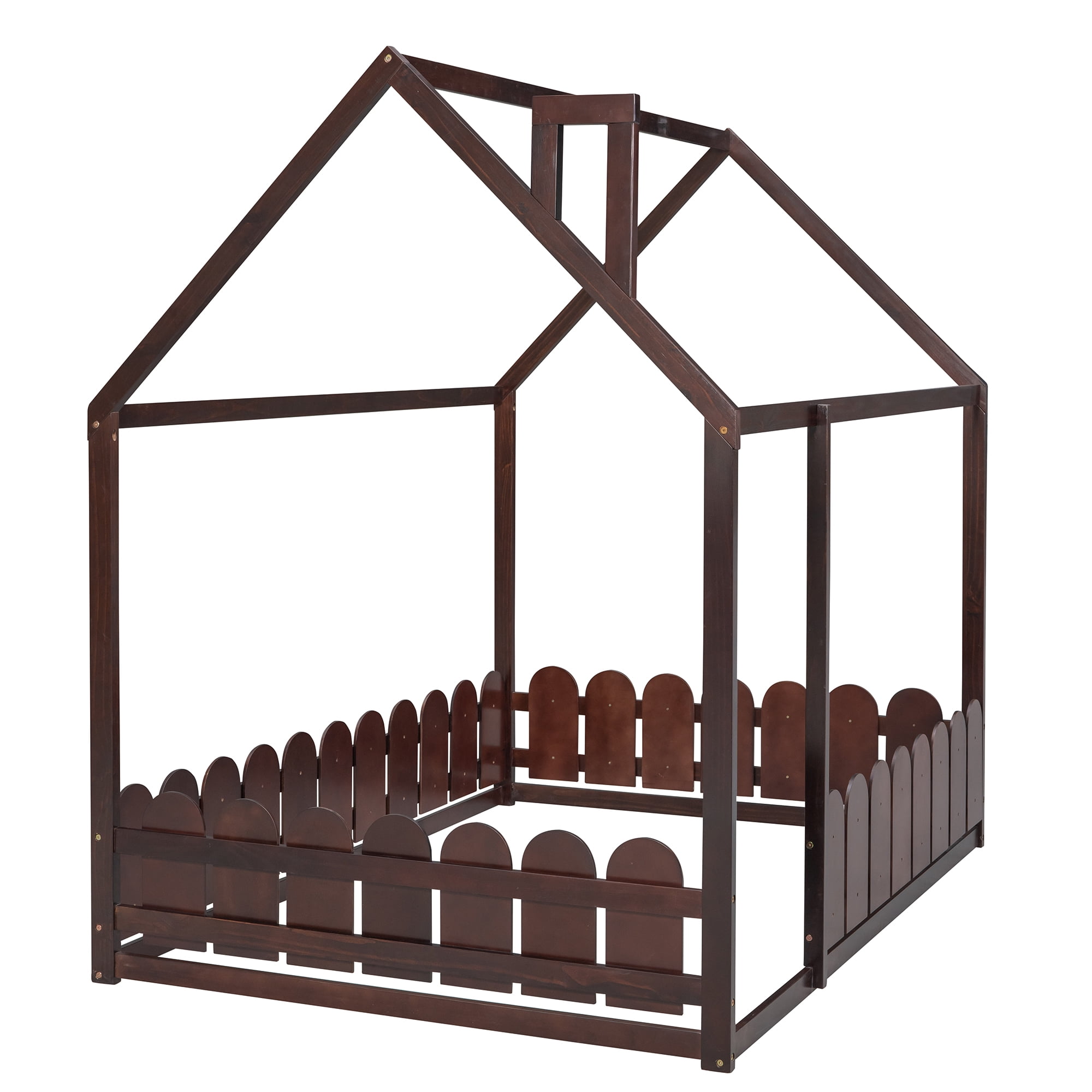 Aukfa House Bed for Kids Teen, Wood Bed Frame with Fence, Full Size Bed, Espresso