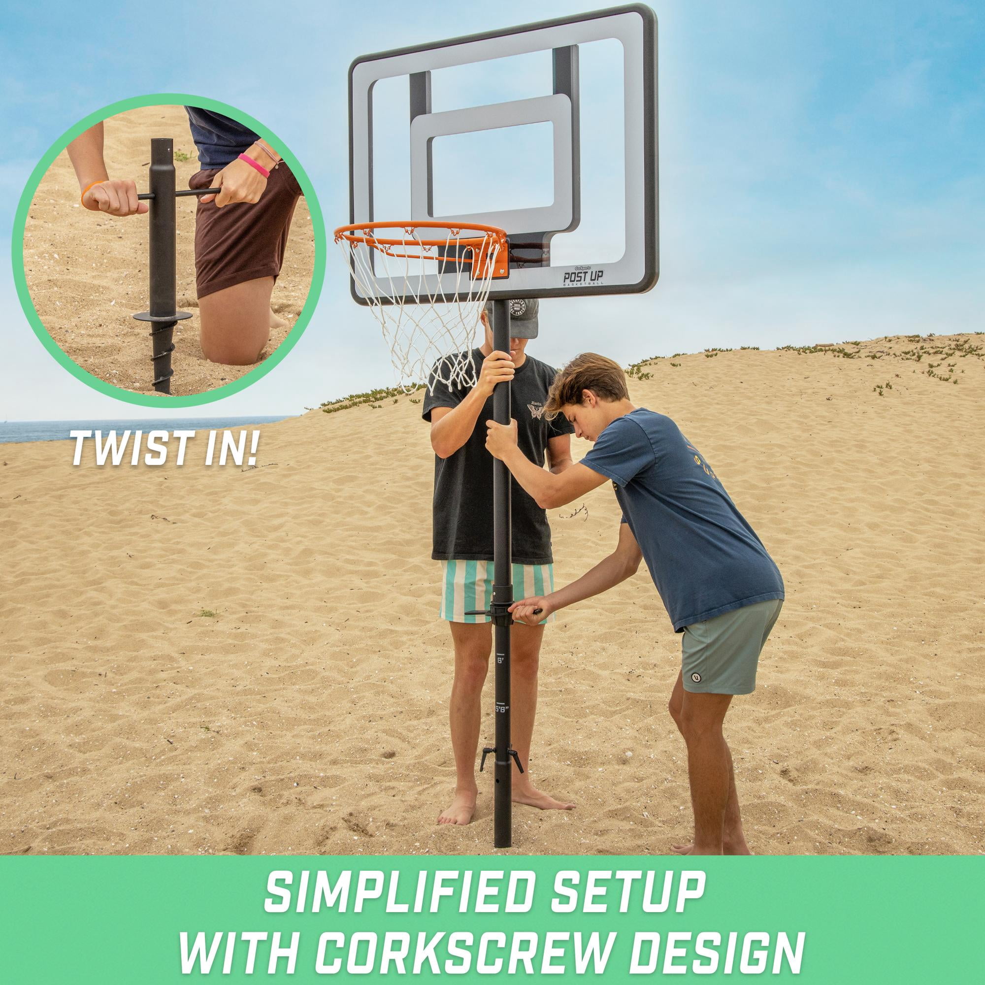 GoSports Post Up Portable Beach Basketball Hoop for Kids and Adults - Play on Grass or Sand - Includes 2 Basketballs, Pump and Accessories Tote