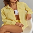 thumbnail image 3 of Women‘s 2Pcs Clothing Suit  Solid Color Turn-Down Collar Long Sleeve Button-Down Shirt + Elastic Drawstring Short Pants, 3 of 7