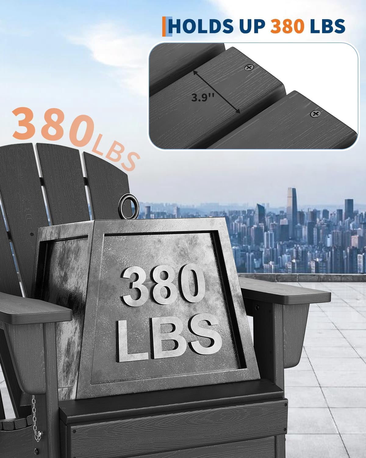 Folding Adirondack Chairs Set of 2, HDPE Plastic Outdoor Chairs with Wood Texture 380 LBS & Weather Resistant for Fire Pit, Deck, Patio, Pool, Backyard Black