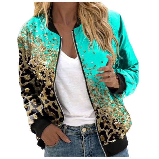 Gibobby Chaquetas ligeras diarias informales para mujer, chaqueta informal ligera con cremallera, abrigo con estampado Floral, cuello levantado, prendas de vestir deportivas (Verde, L)