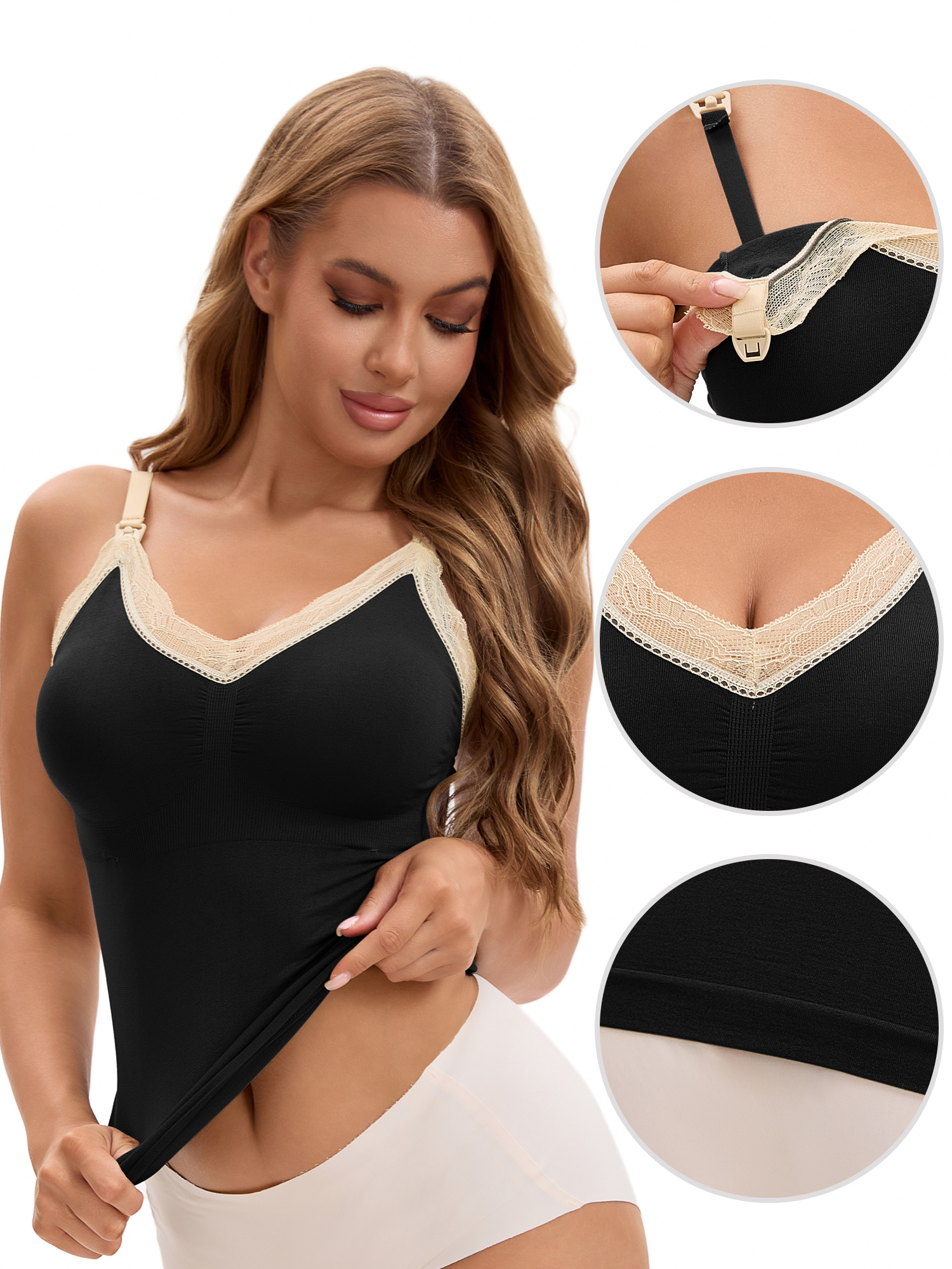 Unique Bargains Women's Lace Maternity Nursing Camisoles with Built-In Bra L Black