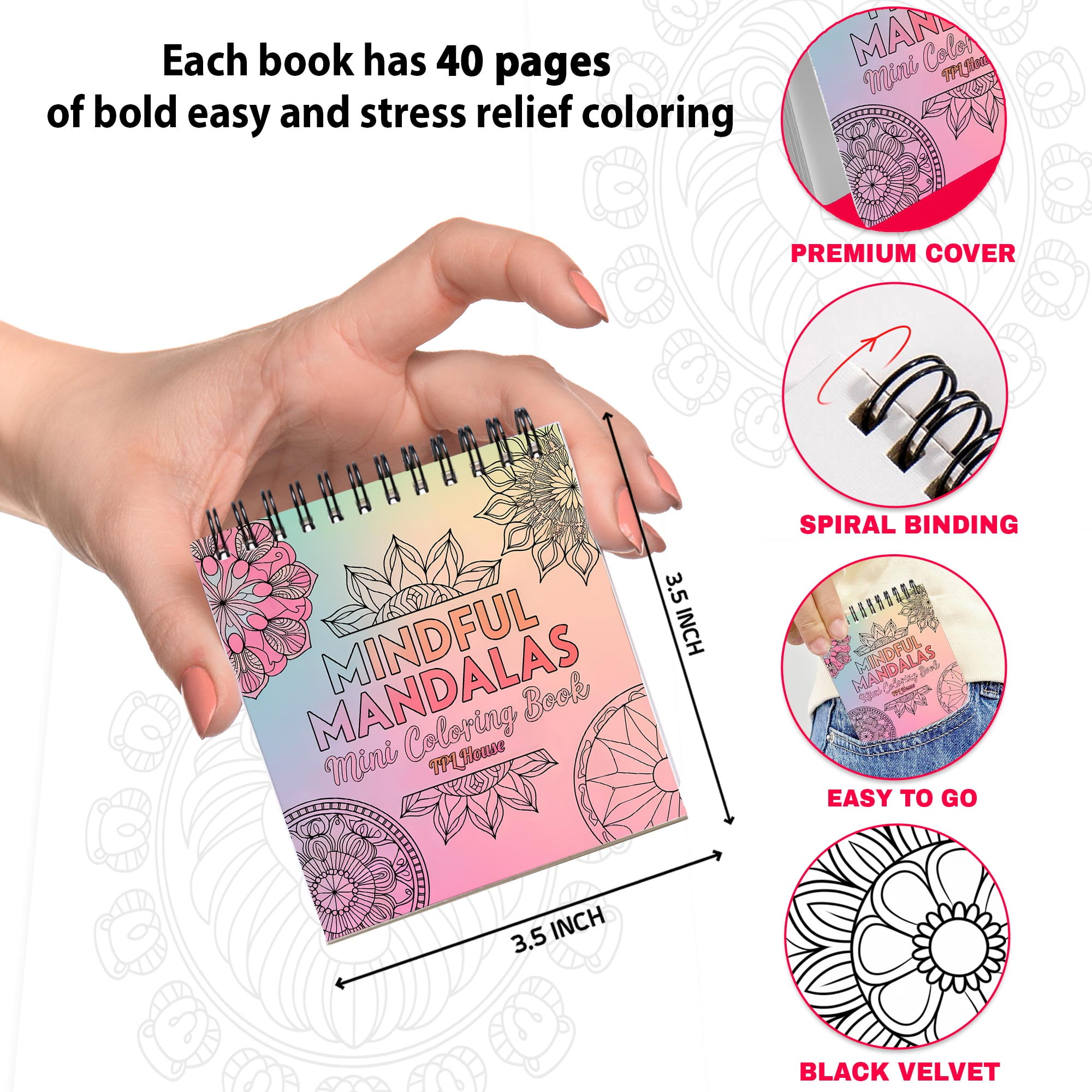 Pattern Mini Coloring Book Spiral Bound for Adult, Pack 6, 3.5” x 3.5” Pocket Size, 40 Coloring Pages Stress & Anxiety Relief, Travel for Women Men
