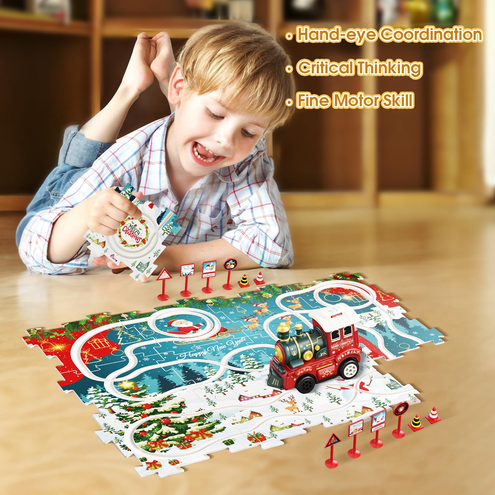 PayUSD 26 PCS Jigsaw Puzzles for Kids 3 6 with a Train Toddler Puzzles Track Play Set Toy Cars Puzzle Mat Running on Track for Boys and Girls Christmas Gift