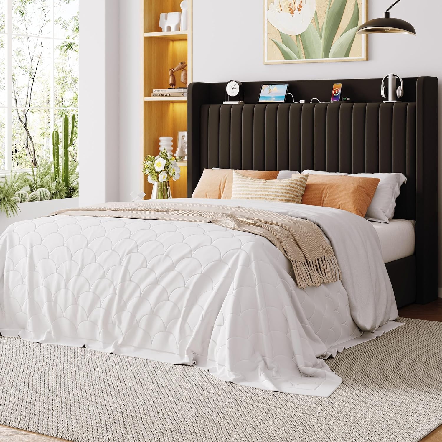 Allewie Queen Size Lift Up Storage Bed Frame, Storage Shelf Headboard with Charging Station, Type-C and USB Ports, Hydraulic Support, Velvet Upholstered Bed Frame, No Box Spring Needed, Black