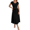thumbnail image 4 of ZQUUVOU Summer Dresses for Women Belted Waist Short Sleeve Midi Dress Casual Soft Breathable Elegant Summer Office Daily Wear Black, 4 of 5