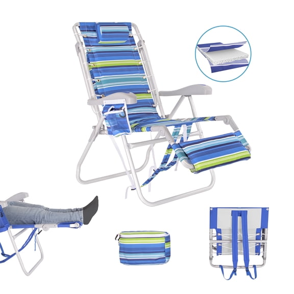Ultimate Heavy Duty Padded Backpack Beach Chair for Adults with Footrest & Cooler Pouch | Lay Flat, 5 Reclining Positions | Removable Insulated Cooler Pouch | 300 lbs Weight Capacity