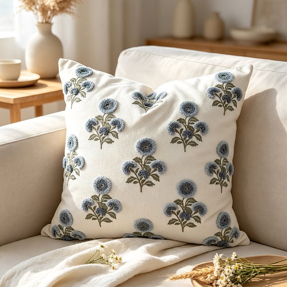 Embroidered Floral Throw Pillow Cover 17x17 Inch Textured Cushion Case with Hidden Zipper for Sofa Couch Bed Home Decor
