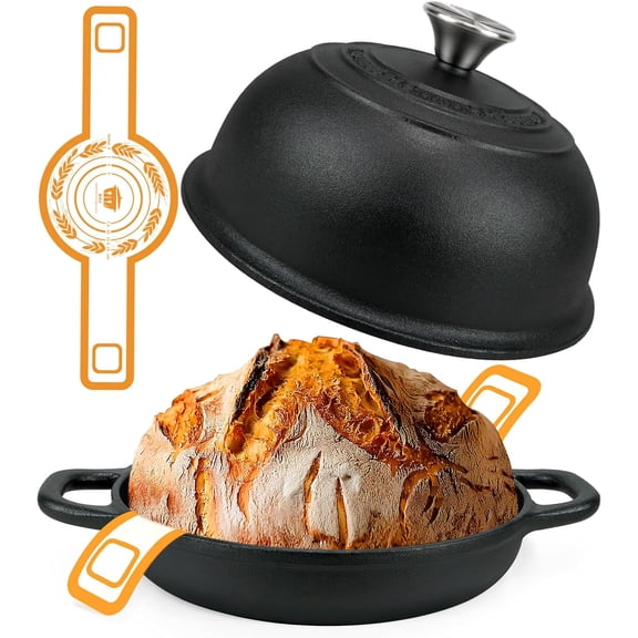 5QT Pre-Seasoned Cast Iron Dutch Oven For Bread Baking, Dutch Oven with Domed Lid, Sourdough Bread Baking Supplies, Multi-Functional Bread Pan For Baking, Frying, Roasting