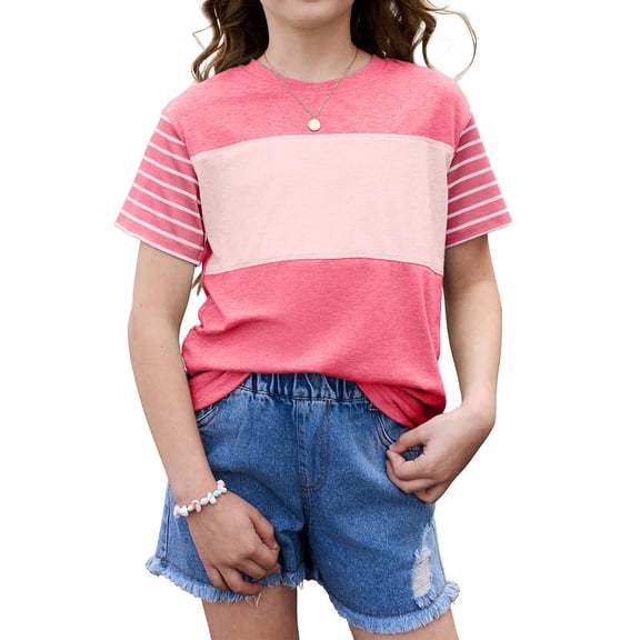 YOUYEDIAN Tween Girls Summer Shirts Short Sleeve Color Block Tops (Pink, 13-14 Years)