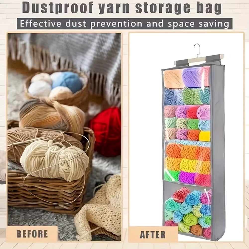Hanging Yarn Storage Organizer with 4 Large Clear Pockets, Yarn Organizer for Crochet and Knitting Supplies, Over the Door Yarn Holder with Hooks for Yarn Skeins