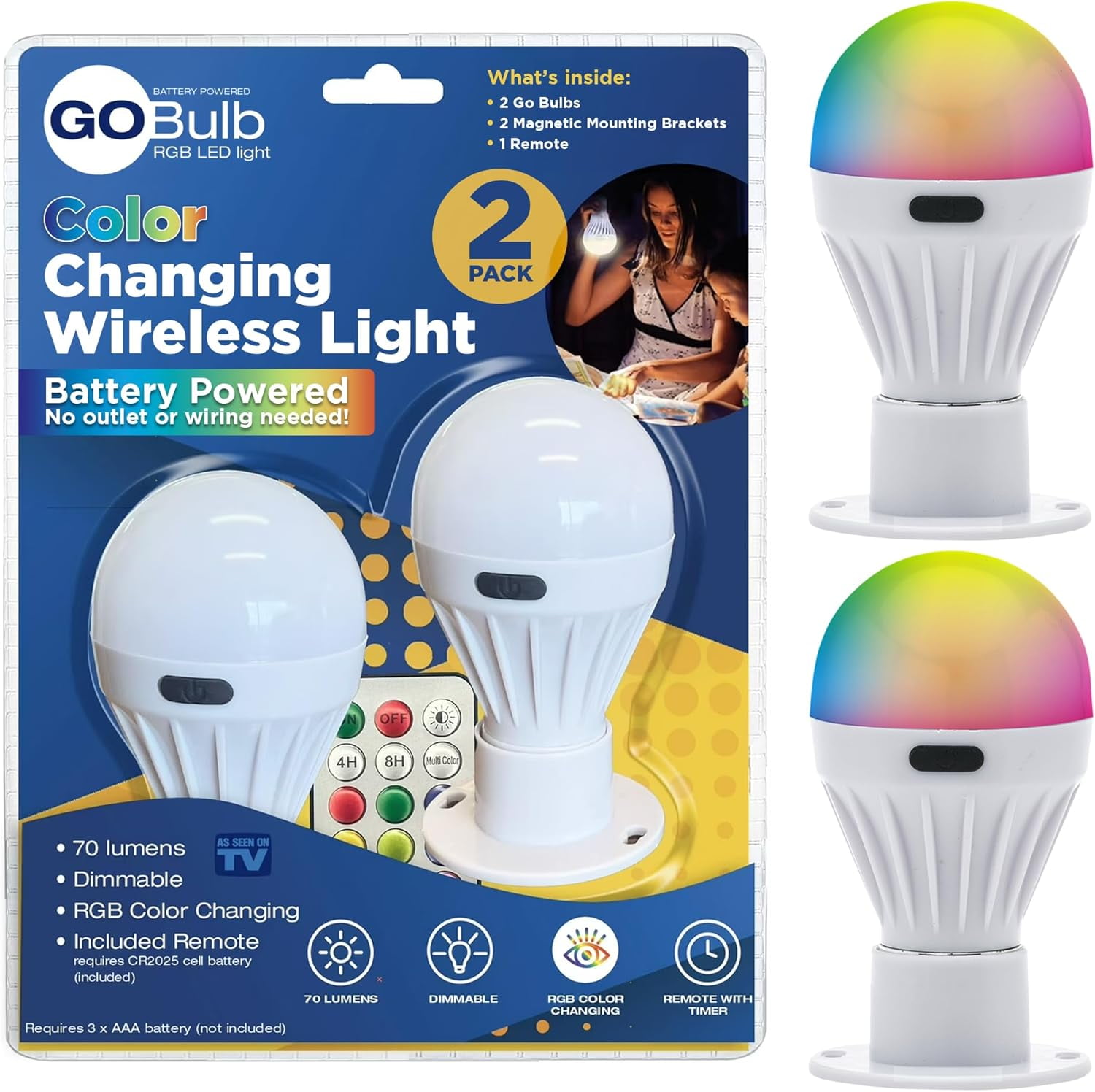 FEFEFW-Go Bulb – Wireless Color Changing LED Light Bulbs with Remote Control, Battery Powered, Dimmable, Cordless, E26 Adapter, Shatterproof, Multi-Color Bulb for Home & Decor, 2 Pack