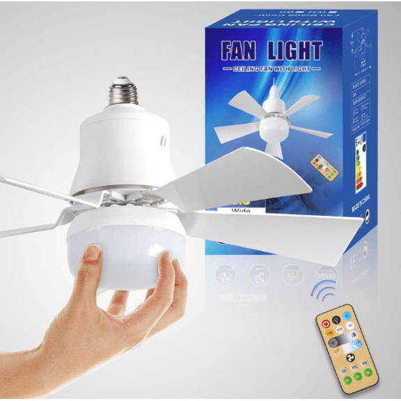 2-in-1 Socket Fan Light with Remote Control, E27 Screw in Ceiling Fan with Light, 3-Speed Small Ceiling Fans Lights Bulb with Dimmable LED, Timer, No Wiring Portable Ceiling Fans(White)M)