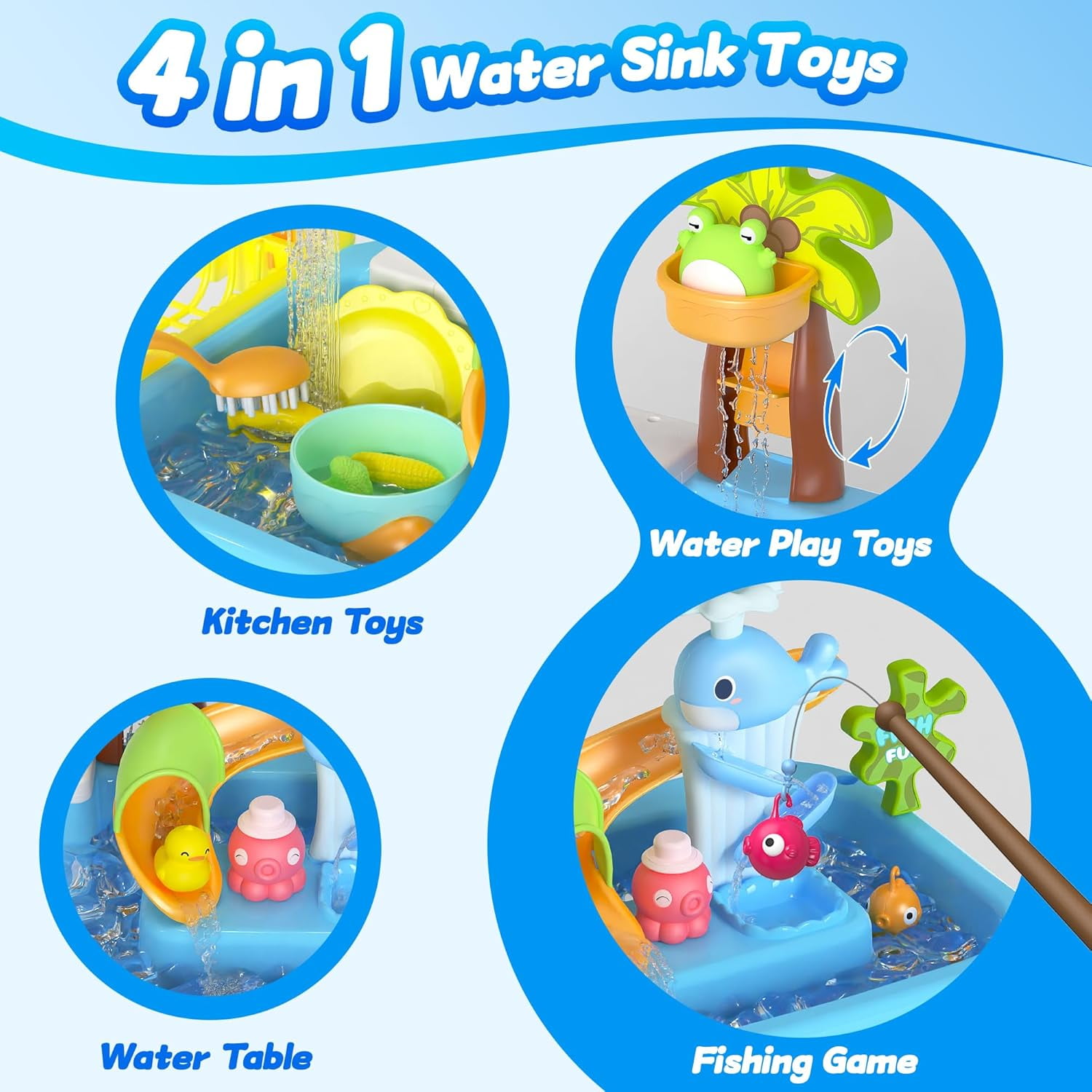 LINXUXIE 4-in-1 Toddler Sand Water Table, Kitchen Play Sink Toys with Electric Water Pump, Birthday Gifts for Kids 3-5 5-8 Year Old