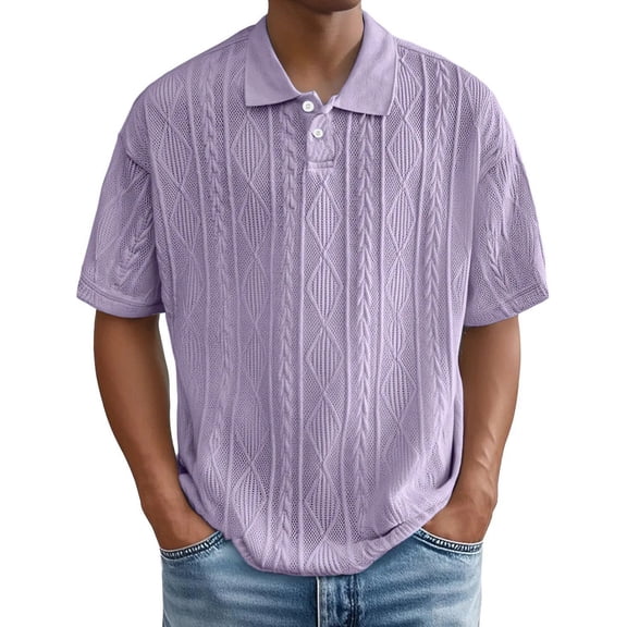 Domuza Mens Knit Polo Shirt Casual Short Sleeve Hollow Out Knit Shirt Jacquared Texture Knitted Polo Shirts Purple S