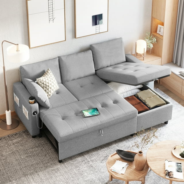 YODOLLA Canapé-Lit, Sofa-Lit 3 en 1 avec Fauteuil de Rangement, Canapé en L, Sectionnel avec Lit Escamotable Style Mi-Siècle Moderne pour Salon en Liquidation, Canapé-Lit Confortable Gris
