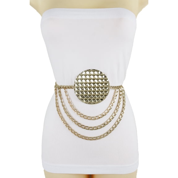 Women Gold Metal Chain Wave Strands Spikes Charm Buckle Belt Size XS S M