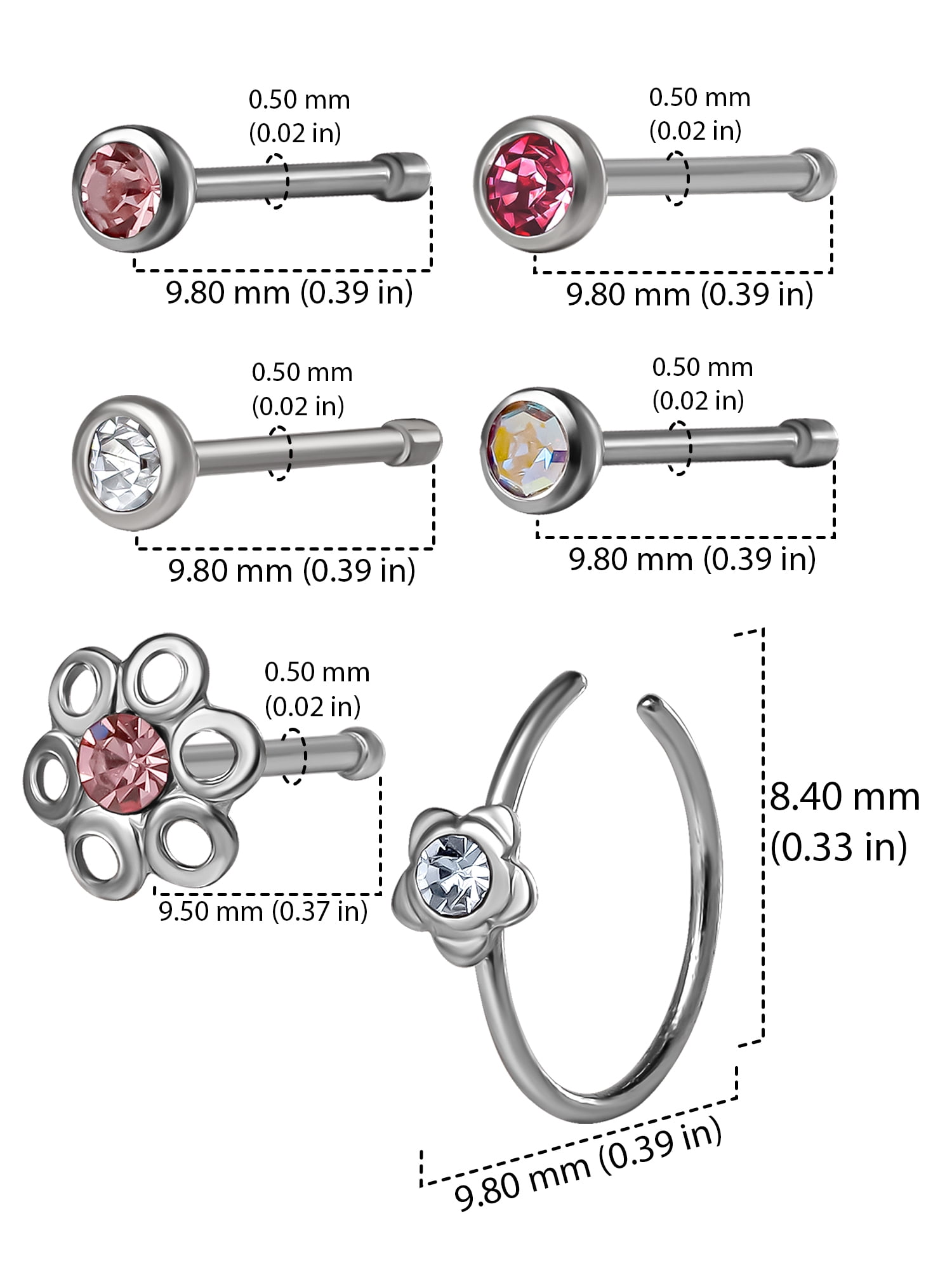 Body Jewelry Women's 16G Pink Crystal Flowers Nose Studs & Hoop, 6 Pack