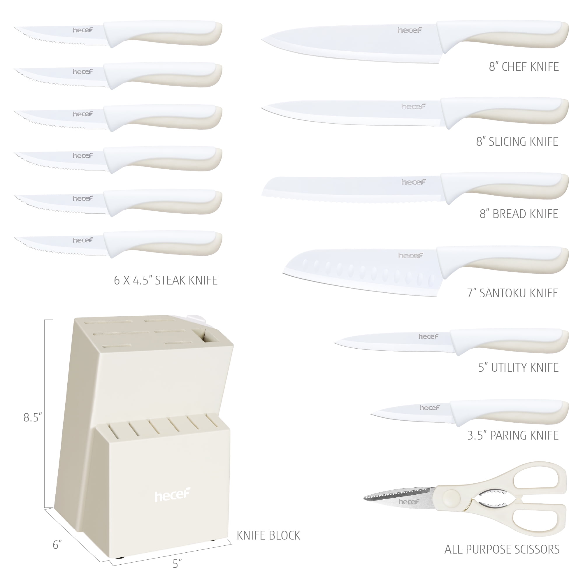 Hecef 15-Piece Knife Set with Premium Carbon Stainless Steel Dishwasher Safe Rustproof Sharp Blades