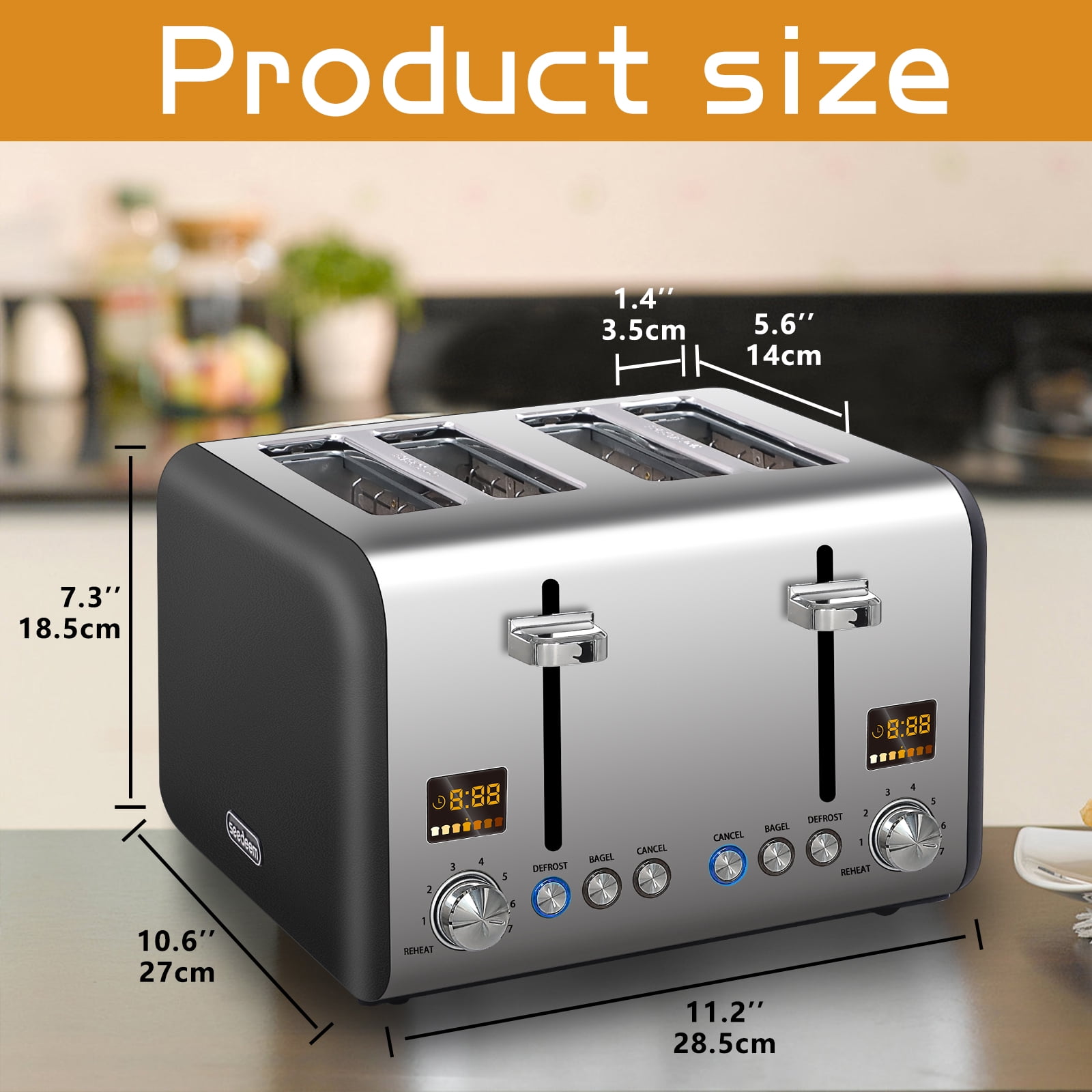 Toaster 4 Slice, Stainless Steel Bread Toaster with 2 Colorful LCD Display, 7 Shade Settings,1800W, Dark Chocolate