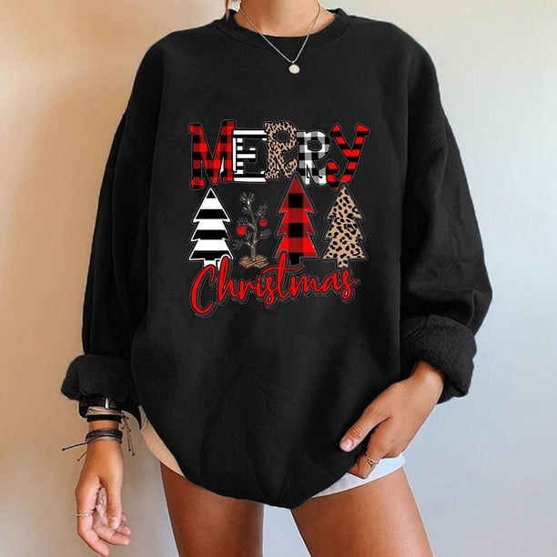 Pntutb moda mujer Casual árbol de Navidad estampado cuello redondo manga larga suelta camiseta otoño blusa pulóver tops sin capucha sudaderas Pntutb Pntutb-7318