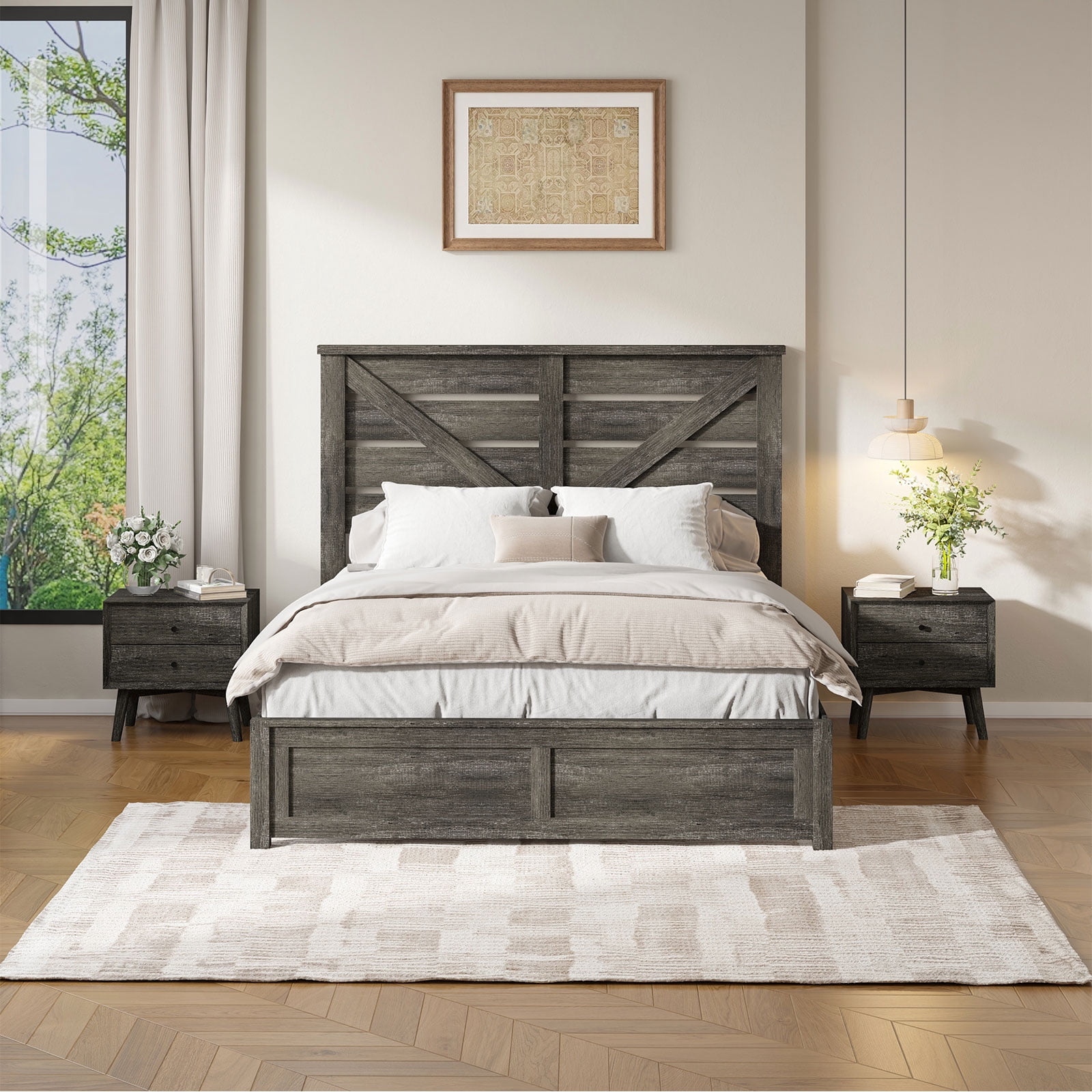 VanAcc Queen Size Platform Bed Frame with Wood Grain Headboard, Farmhouse Bed Frame with Storage/No Box Spring Needed/Noisy Free/Easy Assembly/Grey