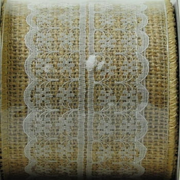 Mainstays 2.5"X10' Wired Natural Burlap Ribbon with White Lace in Middle, 1 Each