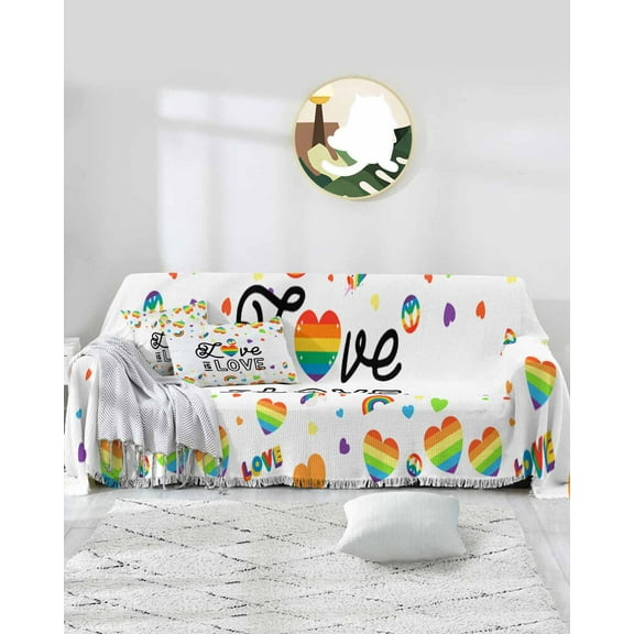 Abstract Love,Rainbow Heart Simple White Sofa Covers for 3 Cushion Couch,Washable Sectional & L Shape Couch Covers for Dog/Cat/Kid,Non Slip Sofa Slipcover Tassel Futon Cover 71''x150''