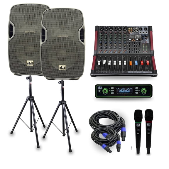 MUSYSIC MU‑PAS15 Complete 2000W PA Speaker System with 15" 2‑Way Passive Speakers, 6‑Channel Powered Mixer, Bluetooth, USB/SD, Dual Wireless Microphones