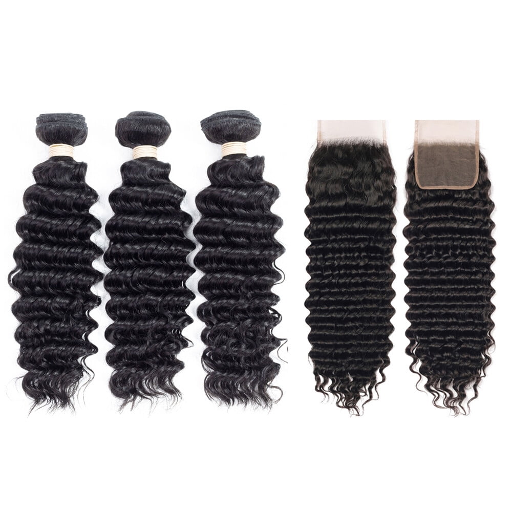 Malaysian Deep Wave Human Hair Bundles with Closure Unprocessed Virgin Hair Weave Extensions