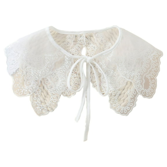 Korean Style Women Organza Faux Collar Shawl Wrap Elegant Lace-Up Bowknot Decorative Necklace Sheer White Embroidery Mini Poncho Capelet