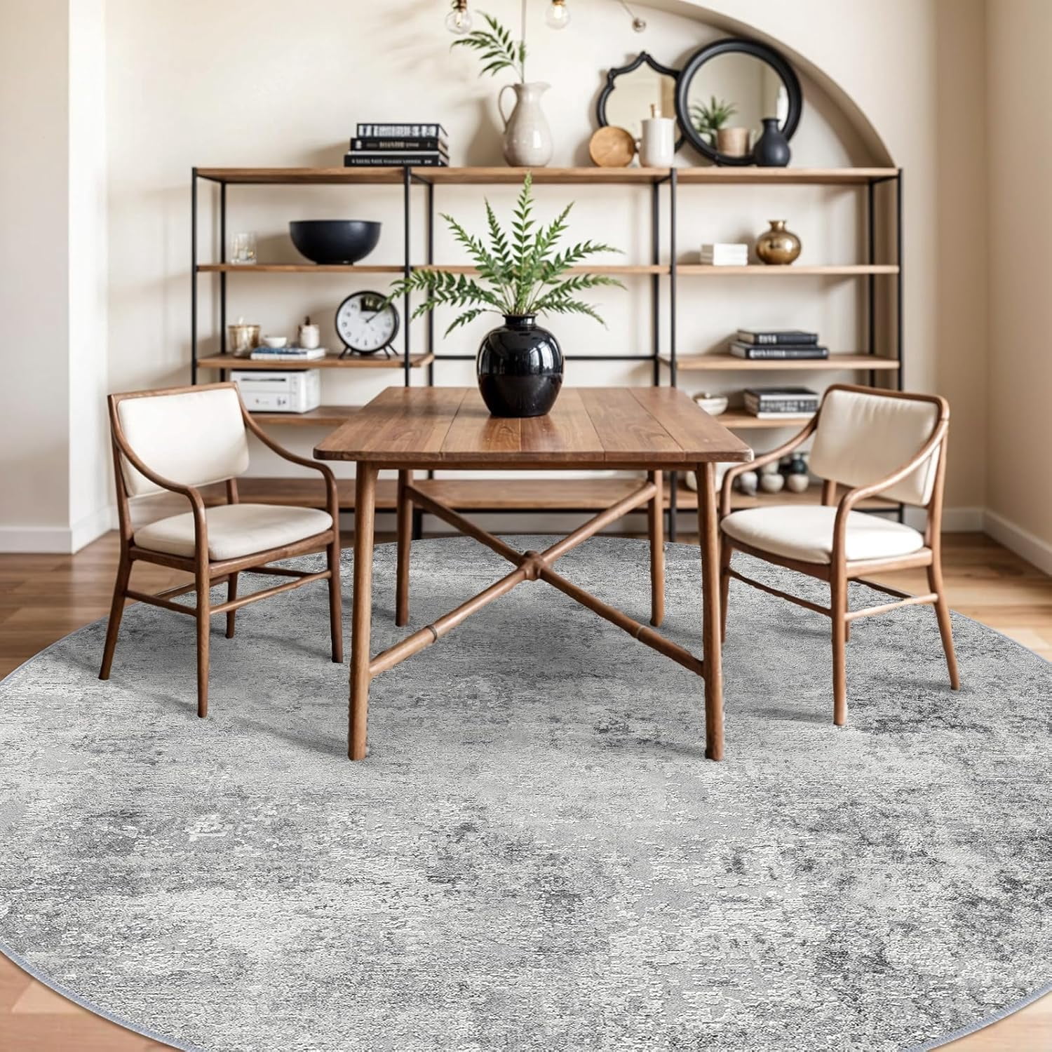 YOUFORTONG 9ft Round Washable Abstract Area Rug, Modern Low Pile Carpet, Soft Non-Slip Stain Resistant Indoor Mat for Living Room Bedroom Dining Room,Grey
