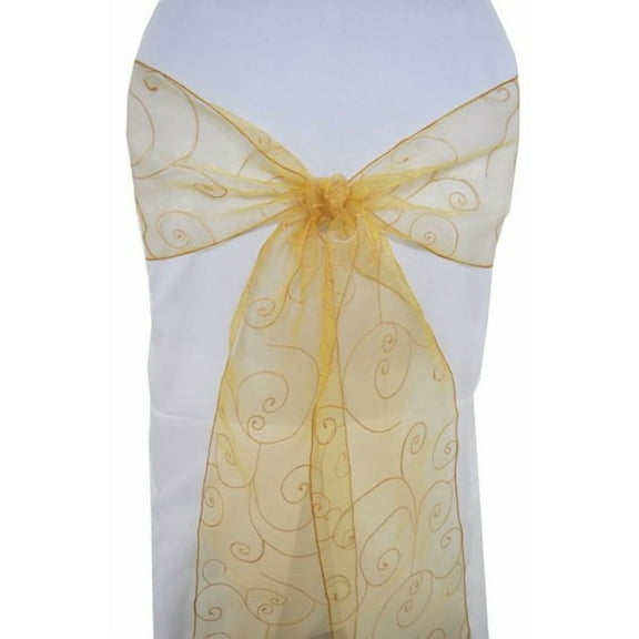 Wedding Linens Inc. (10pcs) 8'' x 108'' Embroidered Organza Sheer Chair Sashes Chair Bow Ties - Gold