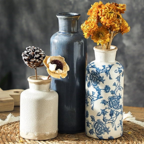 Petyoung Vintage Blue & White Ceramic Vase Set (3 Pack), Chinoiserie Rustic Farmhouse Decor for Table, Mantel & Living Room