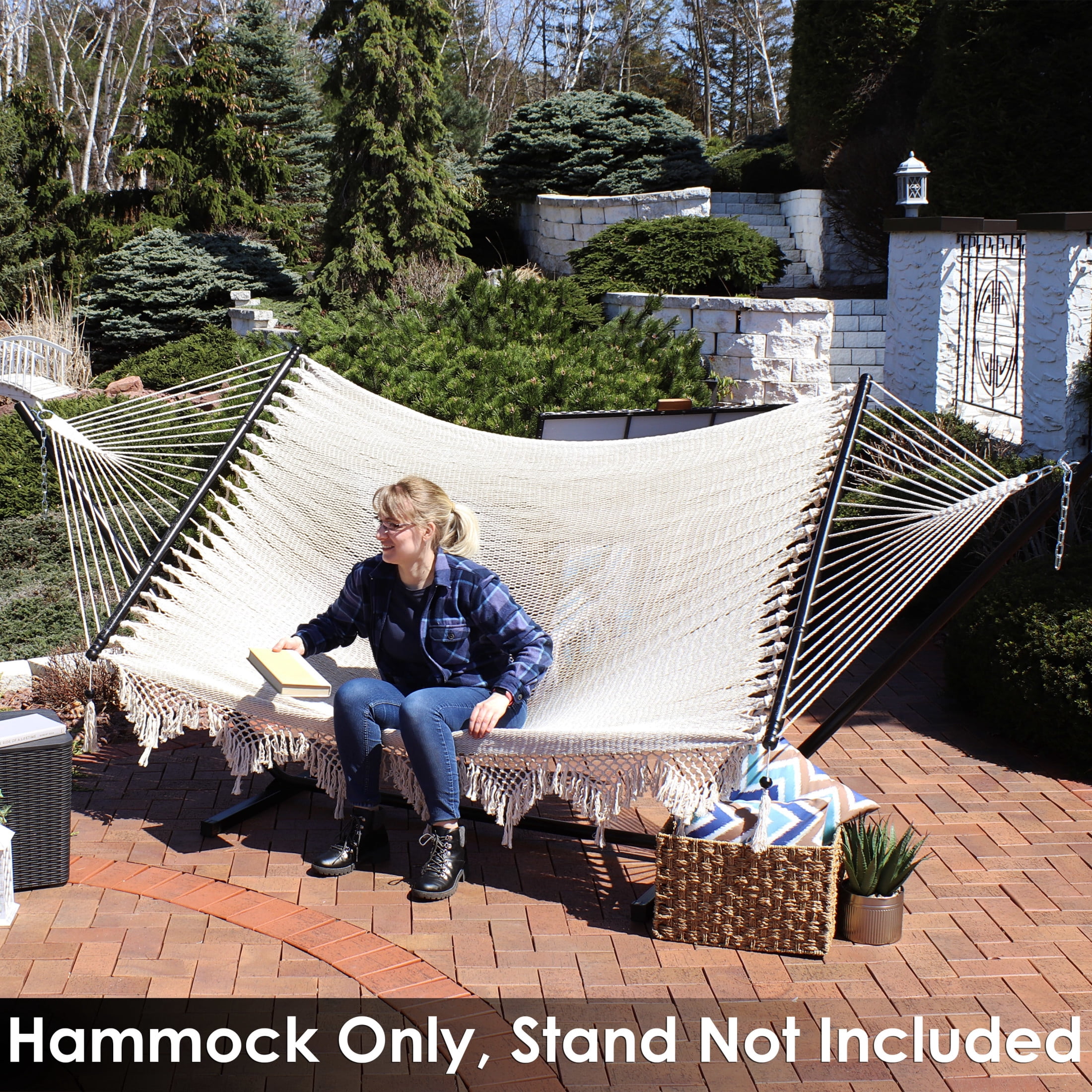 Sunnydaze 2-Person Woven Polyester Spreader Bar Hammock, 600 lb Capacity - Lagoon Stripes