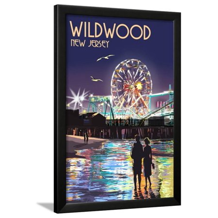 Ride Print Jersey - Wildwood, New Jersey - Pier and Rides at Night Framed Print Wall Art By Lantern Press
