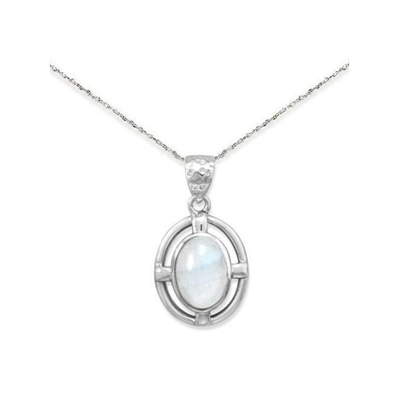 Rainbow Moonstone Oval Pendant Necklace Sterling Silver, 16-inch