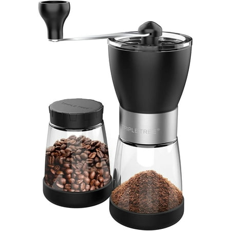 Manual Coffee Grinder, Hand Mill with Ceramic Burrs, Two Clear Glass Jars 5.5 oz Each, Stainless Steel Handle, Suitable for Camping and Home French Press, Turkish Brew, Espresso