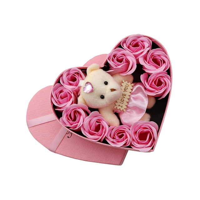 Caja de flores con rosas de jabón, flor artificial con muñeco de osito de peluche, Día de la Madre