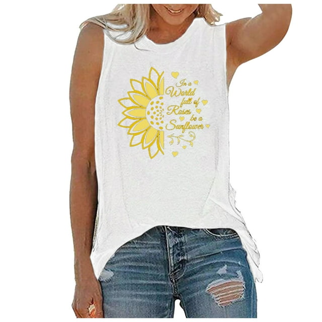 Pompotops Débardeur Sans Manches Imprimé Sunflower Series Décontracté Ample pour Femme
