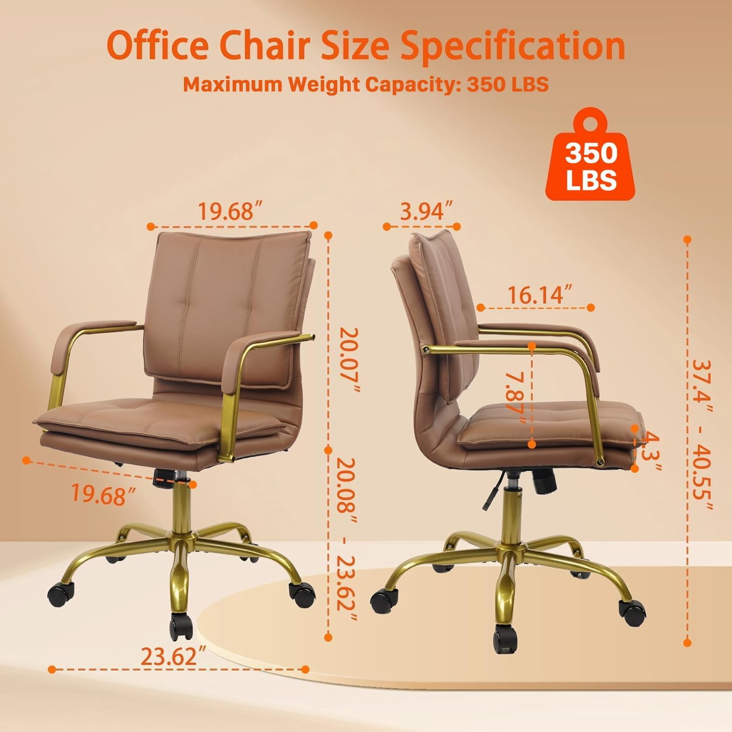 CLATINA Leather Home Office Desk Chairs, Swivel Mid-Back Computer Chair with Golden Legs and Arms, Comfy Upholstered Task Chair with Wheels, Brown