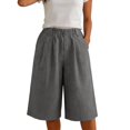 thumbnail image 2 of Gyujnb Women Summer Cotton Linen Bermuda Shorts Elastic Waist Pleated Loose Knee‑Length Shorts with Side Pockets,Grey, 2 of 5