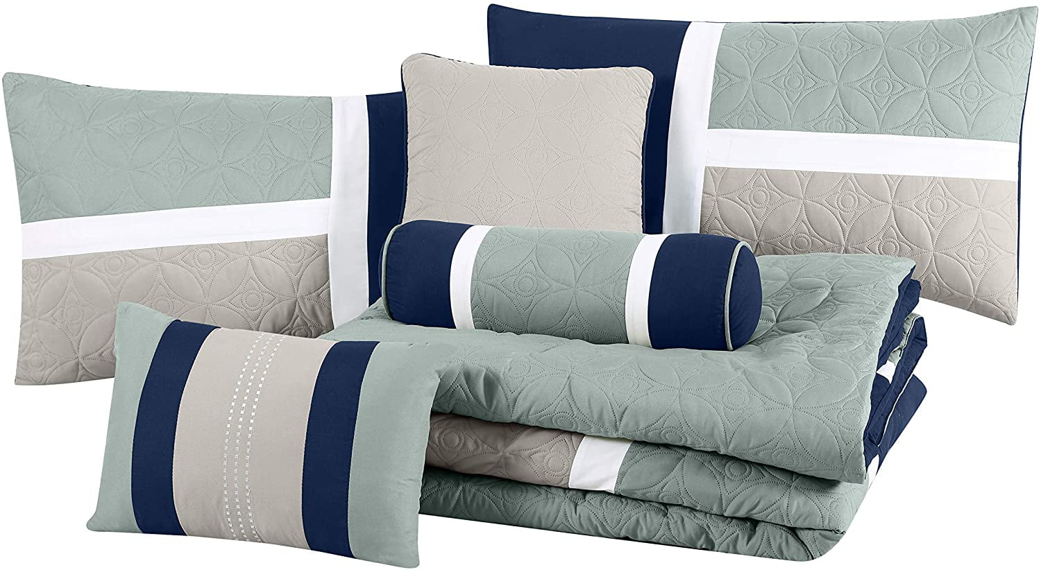 Chezmoi Collection Upland 7-Piece Quilted Patchwork Comforter Set King Gray/Light Blue/Charcoal 