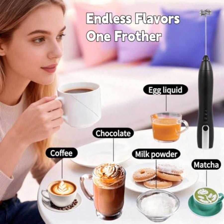 Rechargeable Milk Frother HandheldKitchen Essentials Hand Mixer with 3 Stainless Whisks Heads Electric Whisk Frother for Latte Cappuccino Matcha Egg Milk Powder with Stand black